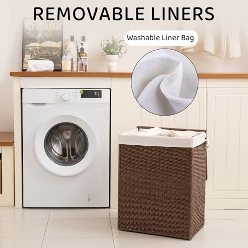Laundry Hamper with Lid - 90L Brown Handwoven Wicker Basket for Bedroom & Bathroom