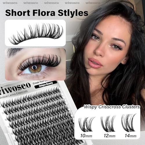 wiwoseo Flora Lash Clusters 10-14mm Flaunt Lash Clusters D Curl Short Lashes Clusters Wispy Individual Lashes Flaunt Lashes Clusters Short Eyelash Clusters Natural Lashes Cluster for Daily Makeup