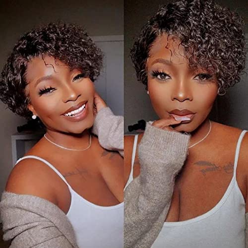 Iwig 8" Short Wavy Kinky Curly Human Hair Bundles with 4x4 Closure - Brazilian Virgin Human Hair Extensions, Natural Color, 6 Bundles + Closure