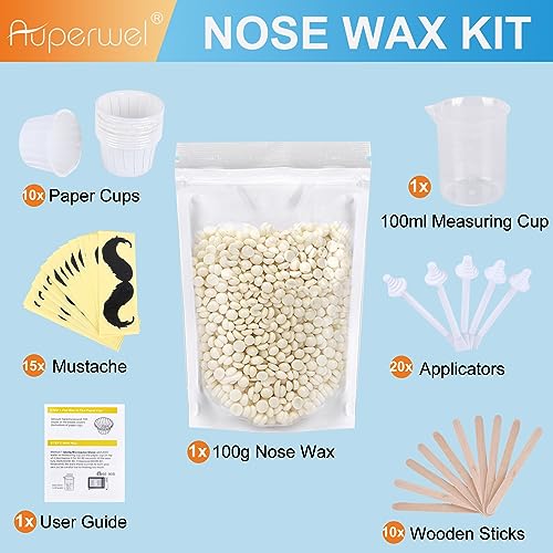 Nostril Waxing Kit, 100g Wax, 20 White Stick Applicator, 15 Mustache Guards, 10pcs Paper Cup for Men Women, Safe Easy Quick Hair Removal, Instant Nose Ear Hair Solution, 15-20 Times Usage