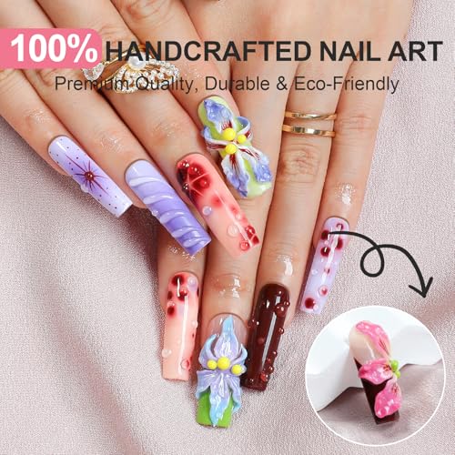 Handmade Press On Nails with Summer Floral Pearl Design - Reusable Fake Nail Set