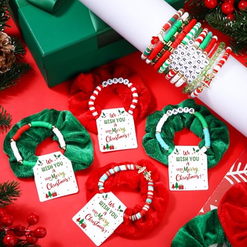 Tondiamo 72 Pcs Christmas Bracelets and Scrunchies Christmas Party Favor Gift Red Green Santa Joy Merry Candy Holiday Stackable Stretch Friendship Bracelets and Scrunchies with Gift Cards for Women