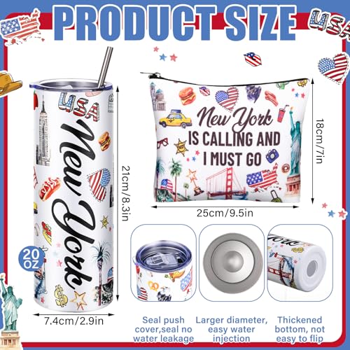 Sieral 5 Pcs New York Travel Gift New York Lover USA Themed Gifts Includes Makeup Bag Thermal Cup Keychain Mirror for Traveler Women Friend Sister Birthday Party