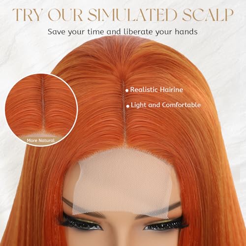 Ginger Orange Long Straight Wig 28 Inch for Women, Heat Resistant Synthetic Hair, Middle Part, Natural Look — Ellieryan