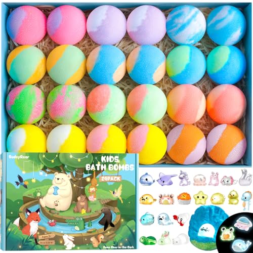 24 Pack Kids Bath Bombs with Glow-in-The-Dark Toys - Child Safe, Fun & Surprising