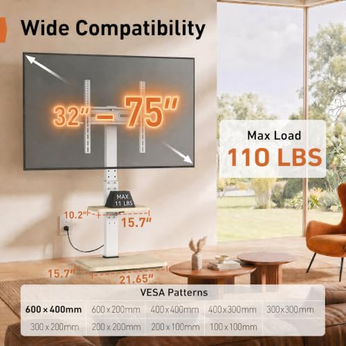 Floor TV Stand with Power Outlet for 32-75 Inch TVs Up to 110 lbs - Height Adjustable & Swivel