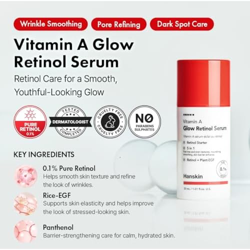 Hanskin 0.1% Pure Retinol Facial Serum for Face, Reduce Fine Lines & Wrinkles, Signs of Aging for Day & Night, Smoothing Firming Revitalizing, Animal Testing Free, Korean Skincare, 30ml/1.01 FL Oz