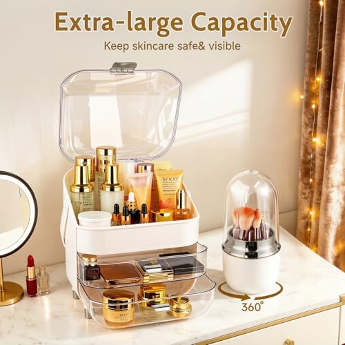 Large Makeup Organizer with Drawers & Rotating Brush Holder - Vanity Storage Case