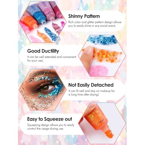 9Colors Face Body Glitter Gel, TOROKOM Sparkling Holographic Face Glitter Gel Mermaid Cosmetic Glitters Flakes Gel Long Lasting Chunky Glitter for Valentine's Day Party Rave Eye Lip Hair Nail Body