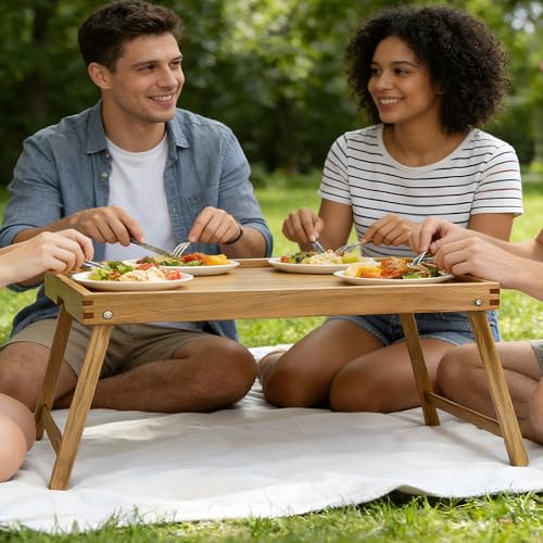VaeFae Extra Large Acacia Bed Tray Table with Folding Legs – Multifunctional Serving & Breakfast Tray