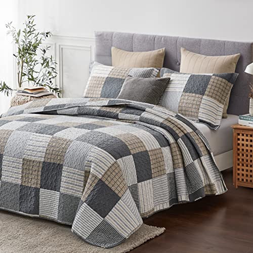 Queen Size Cotton Quilt Set - Reversible Patchwork Bedspread with Pillow Shams - Grey, Brown, Black, White, Tan - 3 Pieces