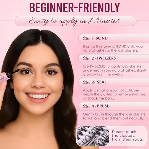 DIY Lash Clusters Kit - 480 PCS, Wispy D Curl Eyelash Extensions 8-16mm with Bond & Seal Glue, Tweezers, 3 Pads & Brush - Beginner-Friendly Individual Cluster Lashes (50D/60D/80D)