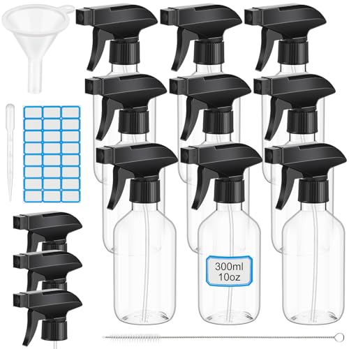 10oz Plastic Spray Bottles Bulk Pack - Clear, Adjustable Nozzle, 9 Pack with Nozzles & Accessories (Variation: Regular, Clear, 10oz/300ml)