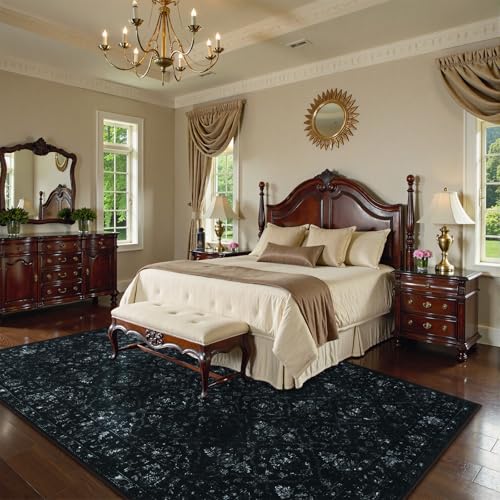 Black 6x9 Washable Area Rug for Bedroom & Living Room - Non-Slip Boho Carpet