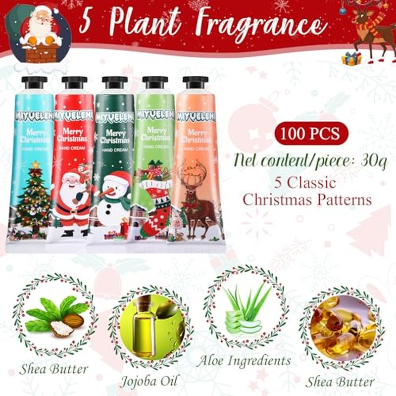 100 Pcs Christmas Hand Cream Gift Sets for Dry Cracked Hands Moisturizing Hand Lotion Small Travel Lotion Stocking Stuffers Gift Set for Women Mom Girlfriend Christmas Birthday
