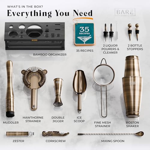 Mixology Bartender Kit Bar Set with Brass/Black 28oz Boston Shaker - Includes 16 Tools & Recipe Cards