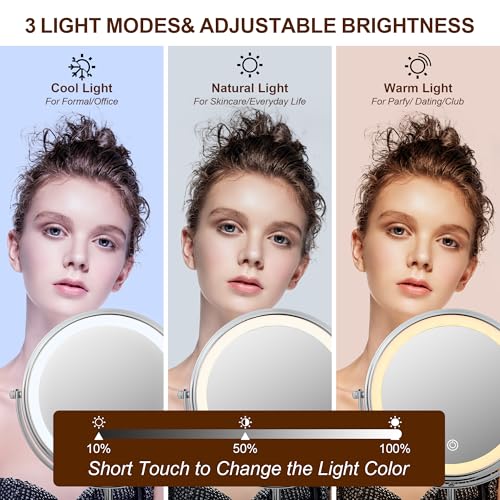 JANEEVA 10X Lighted Makeup Mirror with 3 Lighting Modes, 8" Dimmable Lights Height Adjustable Vanity Mirror with Lights, Rechargeable Double Sided 1X 10X Magnifying Mirror, 360¡ÆRotation,Chrome