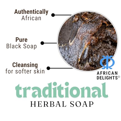 African Delights Herbal Black Soap Bar ? Organic Soap for Acne & Sensitive Skin, Traditional Skincare from Ghana, Face & Body Cleanser, Jabon Negro Africano