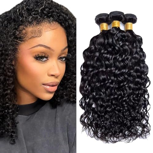 GveoXvo Water Wave Human Hair Bundles 12-16 Inch, 3 Pack, Black
