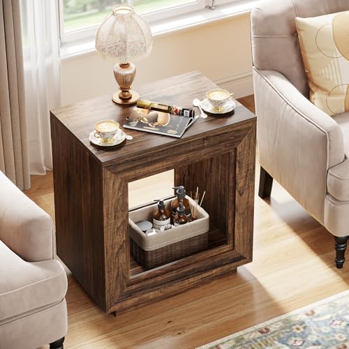 Rustic Brown 2-Tier End Table with Storage Shelf - Farmhouse Side Table, Small Size