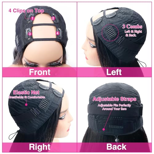 16 Inch Natural Black U Part Human Hair Wigs for Women - No Glue, Full Head Clip-In, Beginner Friendly