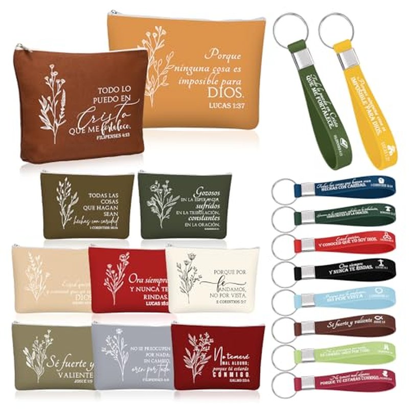 Fumete 20 Pcs Spanish Christian Gifts Bulk for Women Regalos Cristianos En Espa?ol Llavero Cristiano Para Mujer En Espa?ol Spanish Bible Verse Makeup Bags Keychain(Christmas Color)