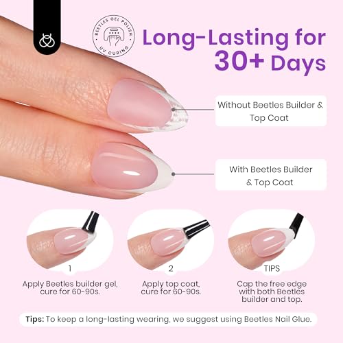 Beetles French Tip Press On Nails 224 Pcs Short Almond Pink Press On Nails 4 in 1 Gel Nail Tips Pre-Applied Primer and Base Coat, No File Need DIY Manicure Easy False Nail Tips for Nail Extension