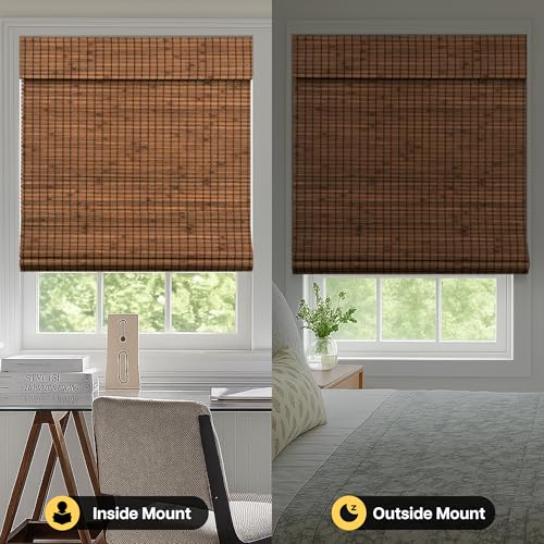 Blackout Bamboo Roman Shades - Penang Teak, 35x64 Inches, Cordless, Inside Mount