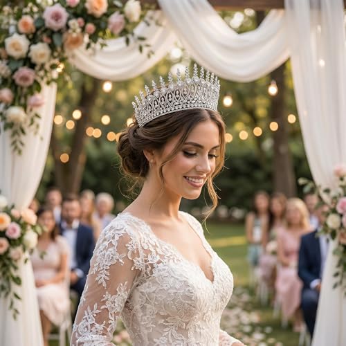 QXMYOO Silver Tall Wedding Tiara for Bride Large Queen Crown with Cubic Zirconia - Bridal Hair Accessories