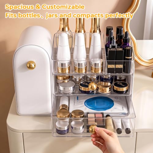 White Makeup Organizer for Vanity with Drawers & Brush Holder - Skincare Storage