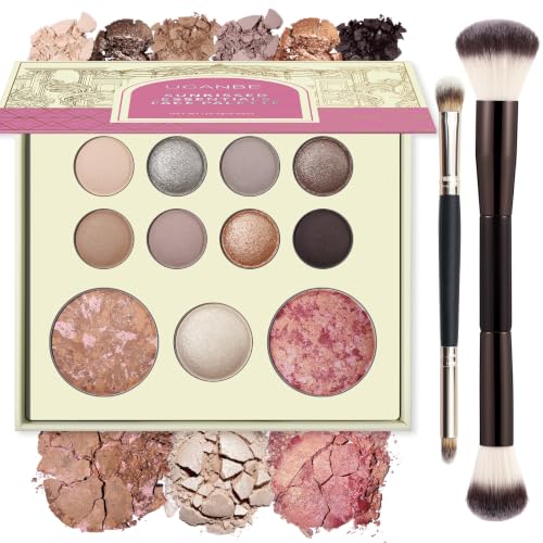 Neutral Taupe Eyeshadow Palette Set with Blush Bronzer Highlighter & Brushes - 11 Colors