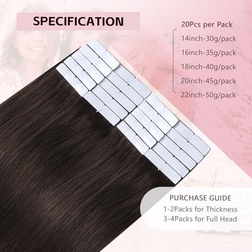 Invisible Tape-in Hair Extensions 3rd-Gen Real Human Hair Dark Brown 14 Inch
