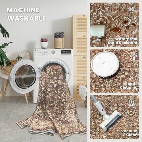 9x12 Reddish Brown Washable Area Rug for Living Room - Vintage Print, Non-Slip, Pet-Friendly, Machine Washable