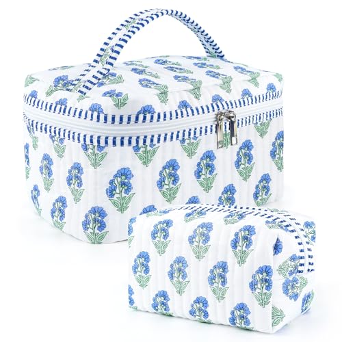 Blue-White Floral 2-Piece Quilted Makeup Bag Set Travel Cosmetic Bags