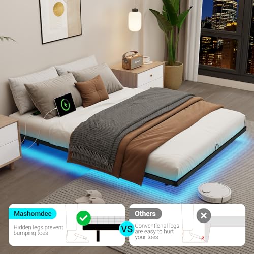 Queen Size Floating Metal Bed Frame with Smart LED Lights & Charging Station - Mashomdec