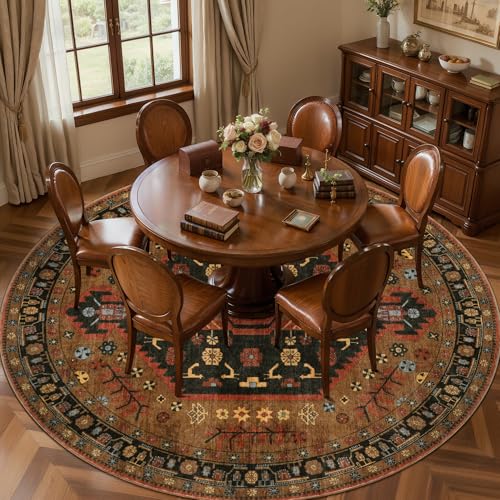 8ft Round Area Rug for Living Room and Bedroom - Soft Boho Carpet with Anti-Slip Back - Red and Gold Variation