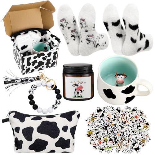 Honeydak Cow Gifts Set for Women Cow Printed Accessories Includes Makeup Bag Gift Box Cute Socks Keychain Mug Scented Candle Stickers for Christmas and Birthday Party Gifts