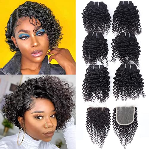 Iwig 8" Short Wavy Kinky Curly Human Hair Bundles with 4x4 Closure - Brazilian Virgin Human Hair Extensions, Natural Color, 6 Bundles + Closure