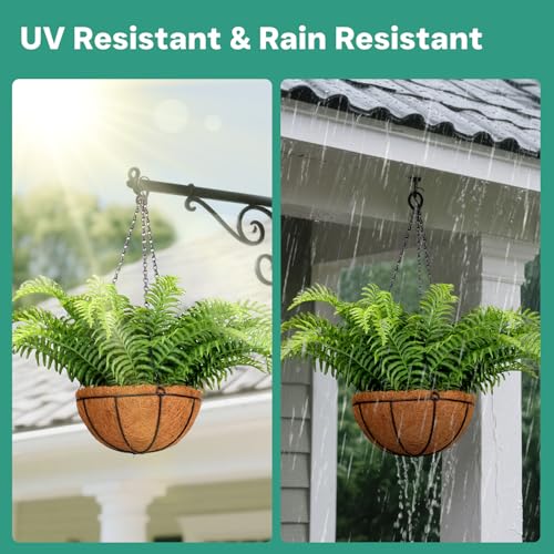 Green 2 Pack Fake Hanging Ferns with Baskets - UV Resistant Outdoor Plants, No Assembly, Realistic Decor for Porch & Garden
