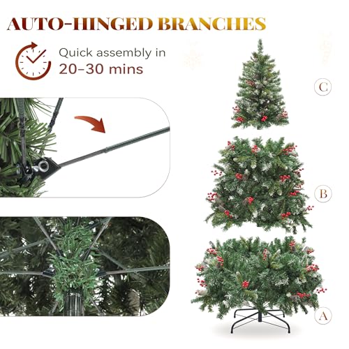 Pre-Lit 6ft Artificial Christmas Tree with Red Berries & Remote Control - Green with Berries