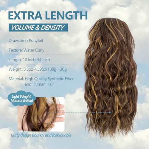 Curly Drawstring Ponytail Extension for Black Women 14 Inch P4/27 Highlight - Natural Water Wave Texture