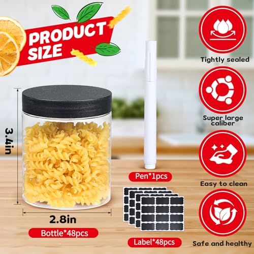 48 pcs 8 oz Plastic Jars with Black Screw-On Lids - Airtight Food Storage