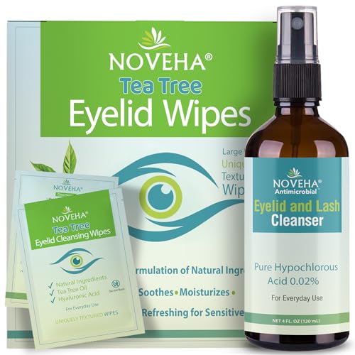 NOVEHA Eyelid & Lash Hygiene Bundle ? Tea Tree Oil Wipes (60 Ct) + Hypochlorous Acid Spray (4oz) ? Gentle Daily Cleanser for Styes, Blepharitis, Dry Eyes, Irritation & Makeup Removal
