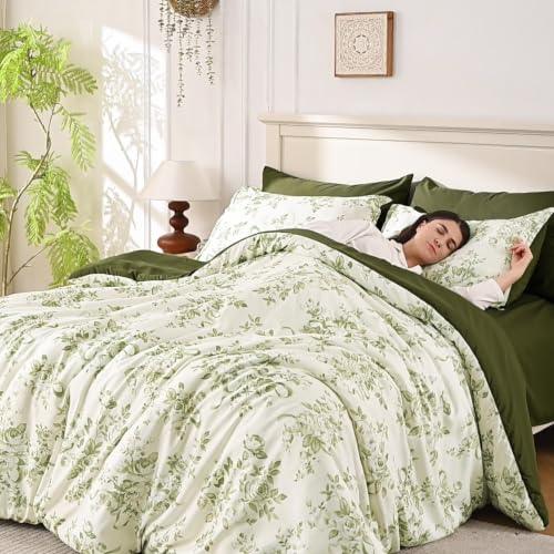 Floral Queen Comforter Set 7 Pieces Green Rose Bedding - Soft & Durable