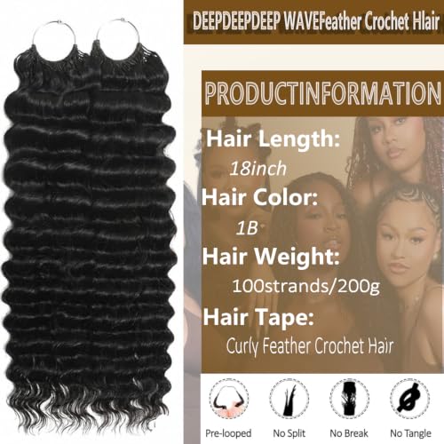 Shoobidoo 1B Color Feather Crochet Hair - 18 Inch, 100 Strands, Deep Wave, Pre-Separated Synthetic Extensions