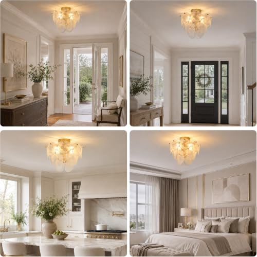 SUNVKWEY Gold Glass Flush Mount Ceiling Light - Mid Century Modern 4-Light Chandelier for Living Room & Bedroom