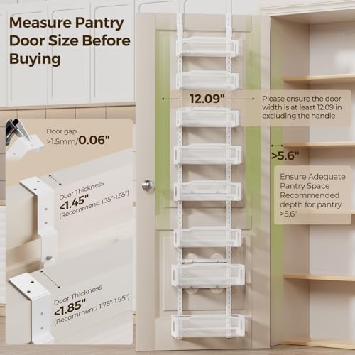 Delamu White 8-Tier Over-the-Door Pantry Organizer & Spice Rack, Adjustable Wall Mount Storage for Kitchen & Bathroom, 12 Inch