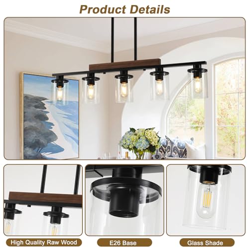 Black 36.2-Inch Farmhouse Kitchen Island Pendant Light - 5-Light Chandelier with Adjustable Height