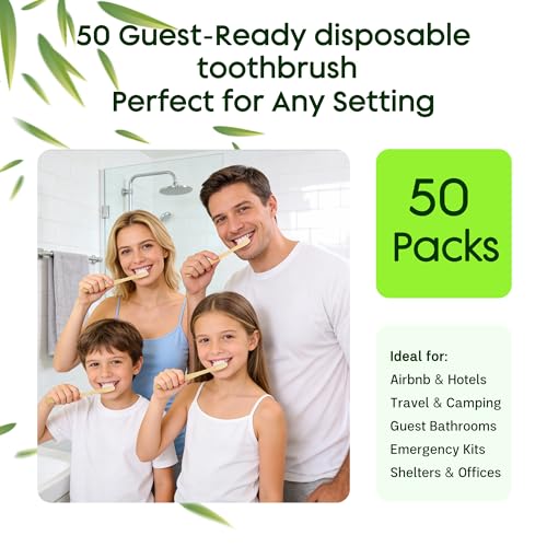50 Pack Bamboo Toothbrushes with Toothpaste - Individually Wrapped, Soft Bristles, Guest-Ready