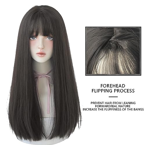 Long Synthetic Hair Wig for Women - 23 Inch Black Brown Straight Cosplay & Party Wig with Bangs - Adjustable Fit